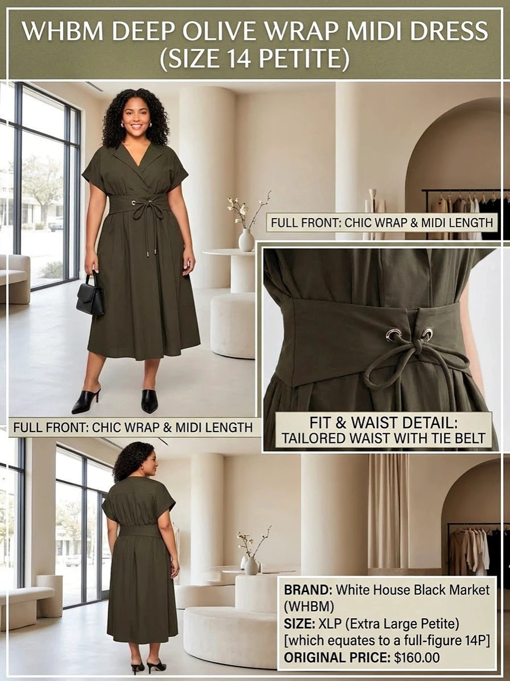 White House Black Market Deep Olive Wrap Midi Dress Green XL Petite